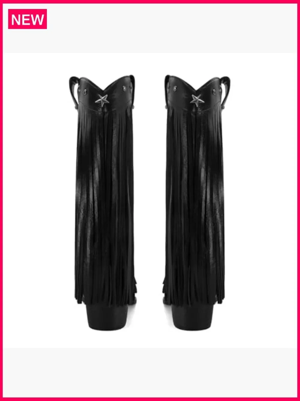 Fringe Western Boots Mid Calf Chunky Heel Pointed Toe Pull On Cowgirl Boots